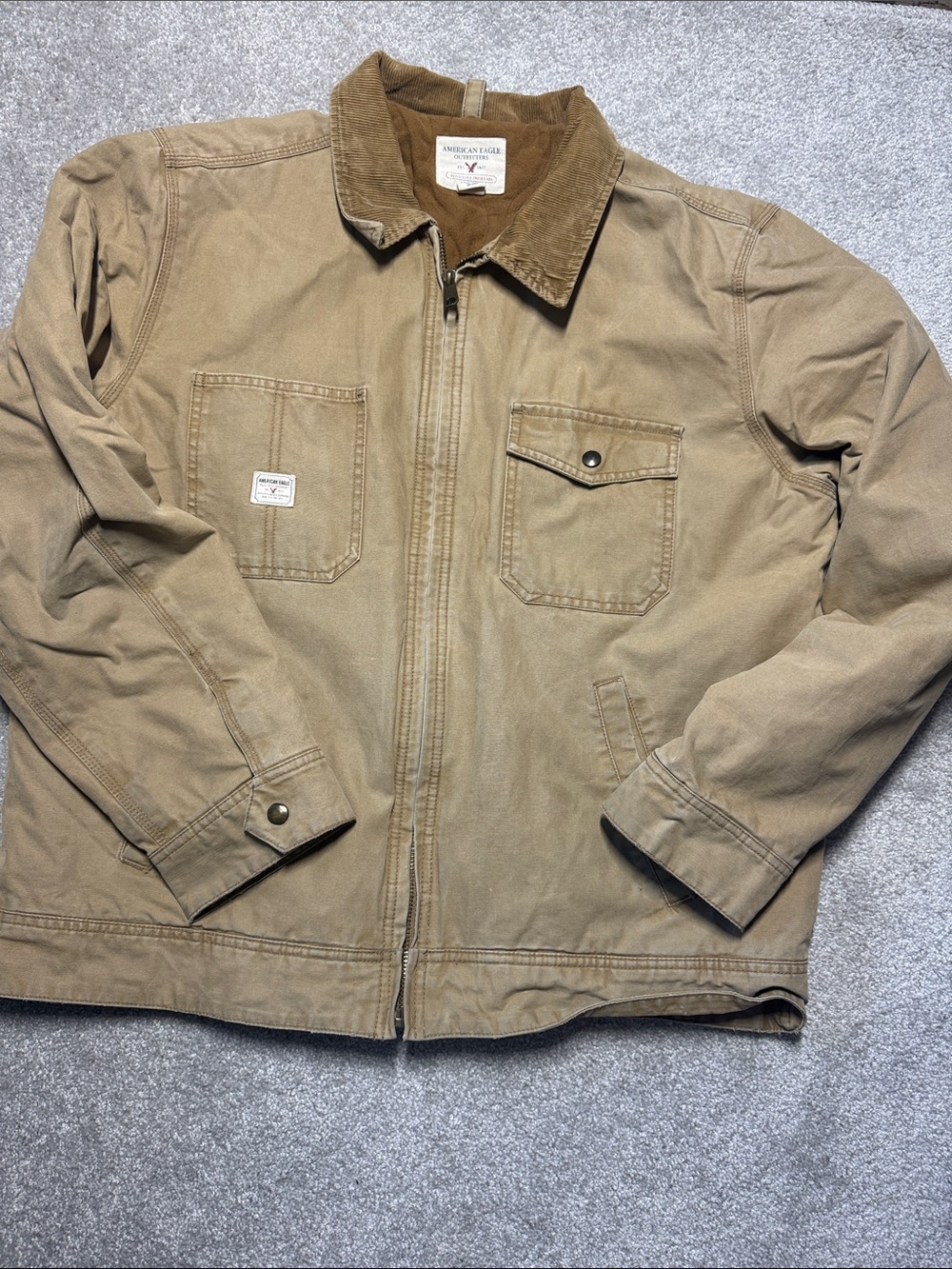 AMERICAN EAGLE MENS XL KHAKI CANVAS CHORE FIELD JACKET COAT CORDUROY COLLAR WORK